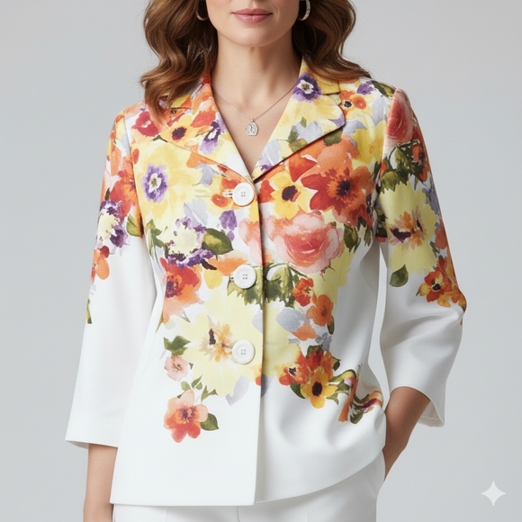 Coldwater Creek Size 14/L NEW Blazer Jacket Floral Watercolor 3/4 Sleeve Lined - Picture 5 of 13